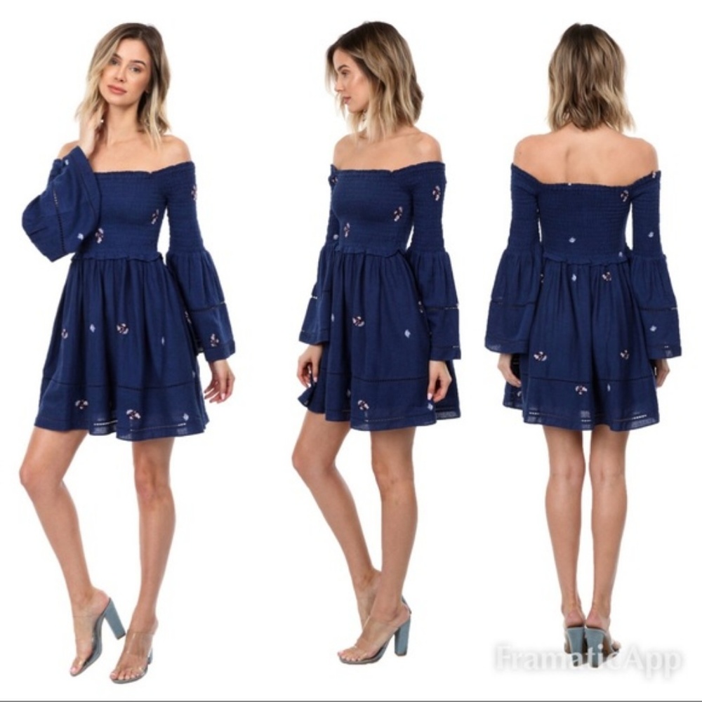 🌻FREE PEOPLE Navy Off the Shoulder Dress NWT